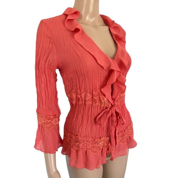 Y2K Coquette Soft Girl Romantic Lace Ruffle Tie Front Blouse Coral Top M Orange - Picture 2 of 8